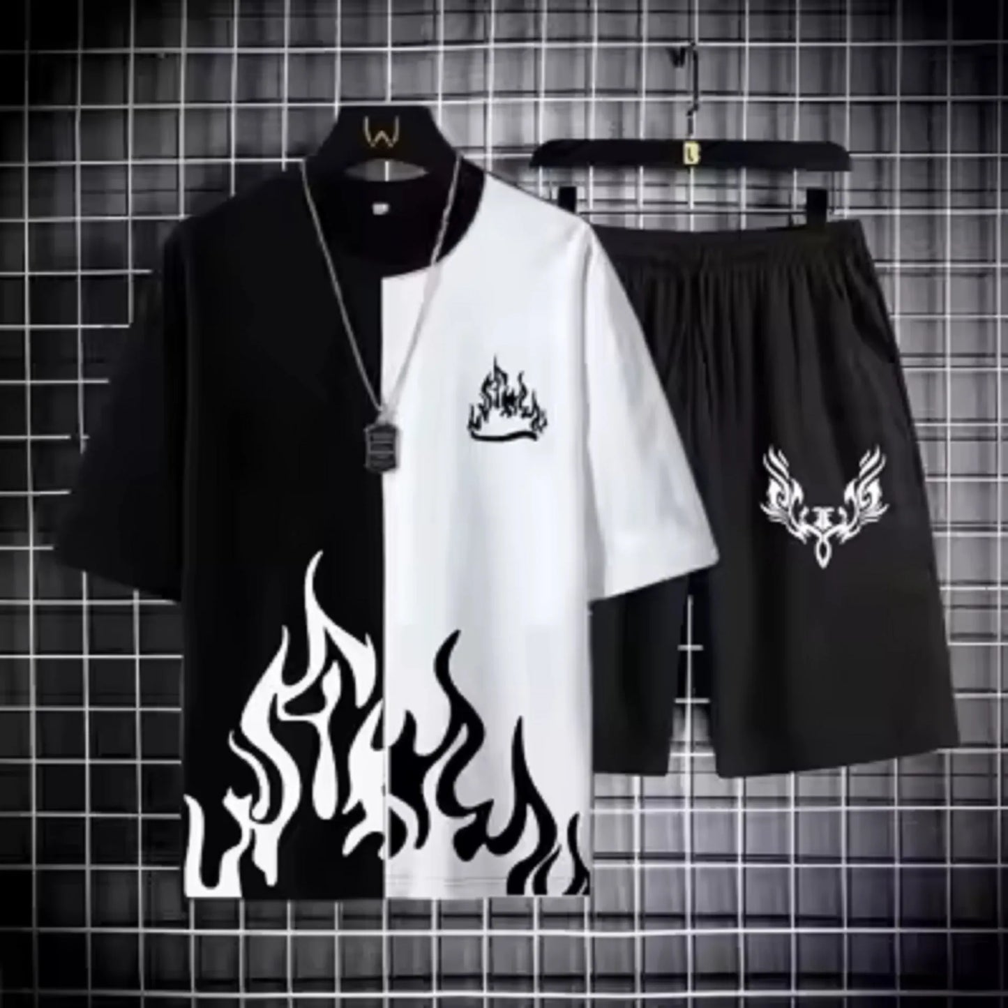 Black and white fired printed premium quality 2pc tracksuit tshirt + short track for men