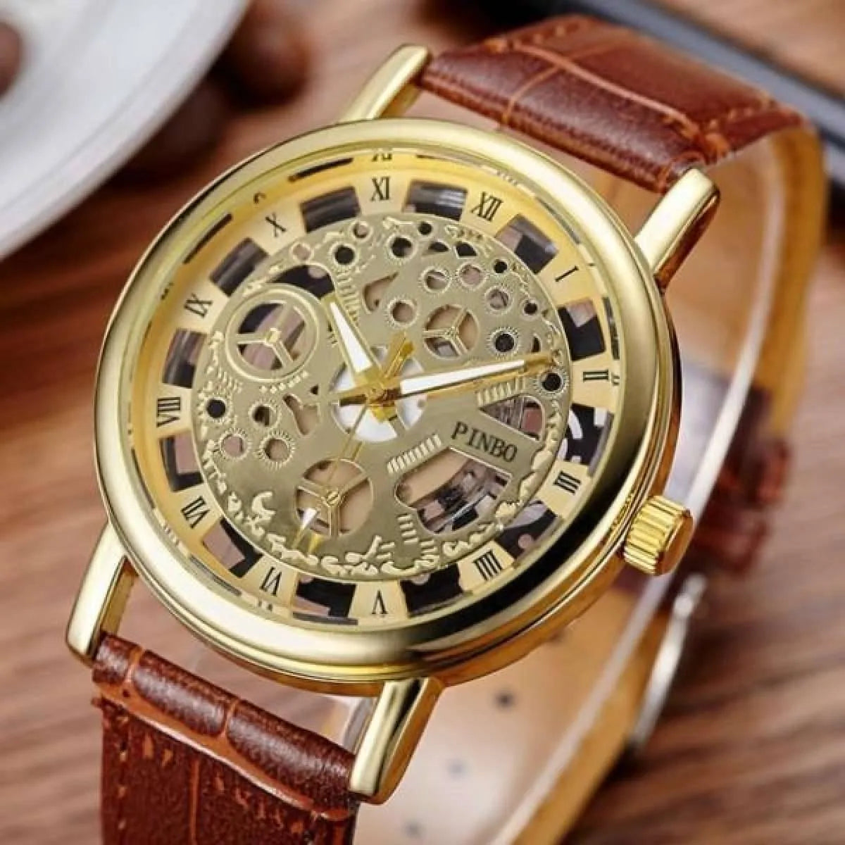 Brown Leather Skeleton Watche for Men