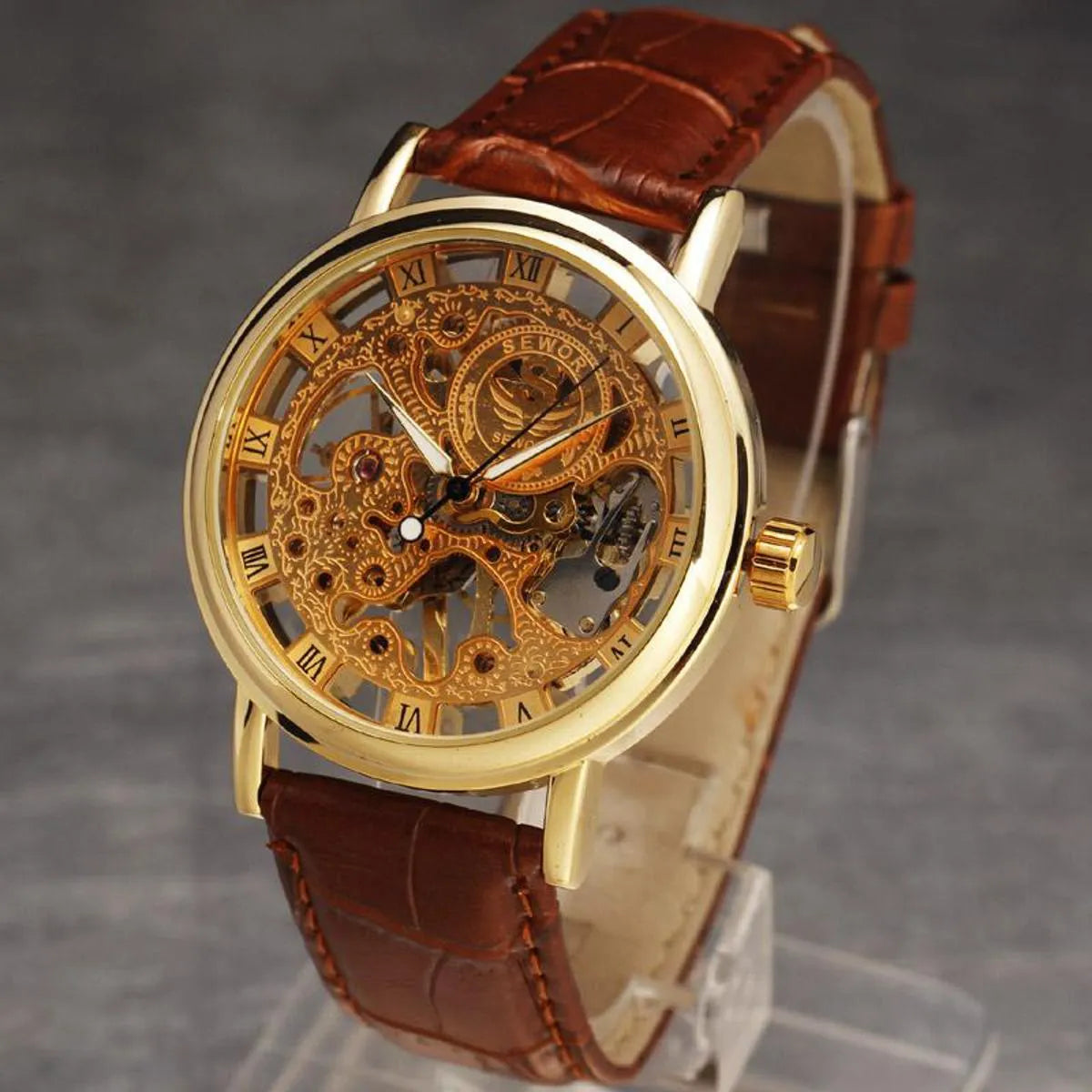 Brown Leather Skeleton Watche for Men